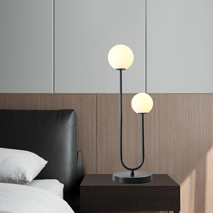 Black U-Shape 2-Light Table Light Mid Century Black Globe Table Lamp with Milk White Glass Shade Metal Base Nightstand Lamp for Bedroom Bedside,G9 Bulb