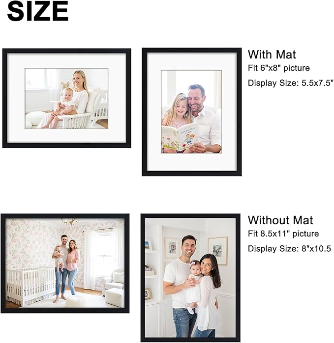 Giftgarden Black 8.5x11 Picture Frame Set of 4, Matted to 6x8 Picture or 8.5 x 11 Inch Certificate Award Document Without Mat, Wall and Tabletop Display