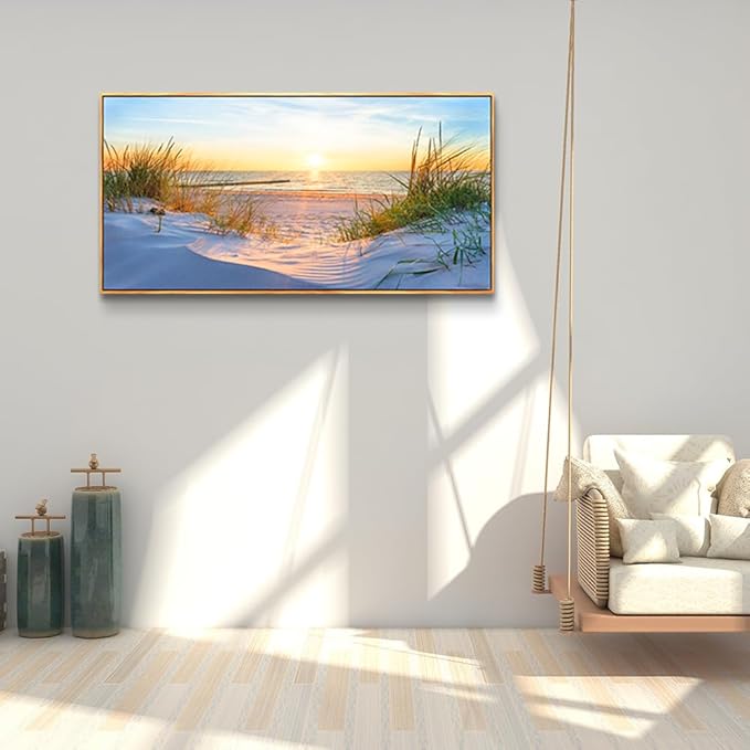 MHARTK66 Canvas Prints Wall Art For Living Room Modern Wall Decorations For Office Large Wood Framed Wall Decor For Bedroom Blue Ocean Canvas Pictures Sea Beach Landscape Wall Painting Artworks