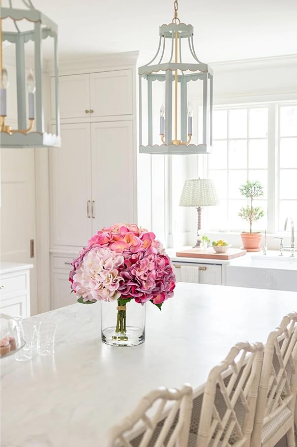 Hollyone Real Touch Pink Hydrangea Artificial Flowers in Vase Latex Large Faux Hydrangea Flowers Arrangements Hydrangeas Fake Flower with Glass Vase with Faux Water for Table Centerpiece Home Decor