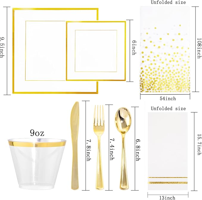 Festiva 176Pcs Gold Plates Disposable - Square Party Plates Dinnerware Sets - include Cups,Plastic Cutlery,Hand Napkins，Tablecloth for 25 Guests Party&Wedding&Christmas&Thanksgiving
