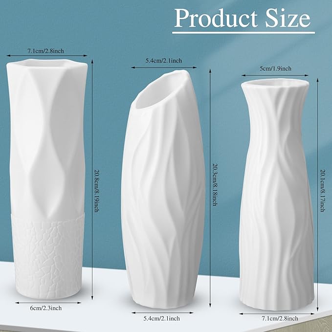 24 Pcs Composite Plastic Flower Vase Ceramic Look Decorative White Unbreakable Plastic Vases for Flower Centerpieces for Living Room Table Home Decor(Stylish Style)