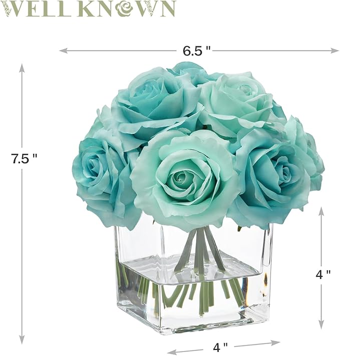 WELL KNOWN Rose Artificial Flowers in Vase with Faux Water, Silk Rose Table Centerpieces for Home Coffee Table Decor, Fake Roses Flower Arrangements for Office Hotel Lavatory Decor (Light Teal Blue)
