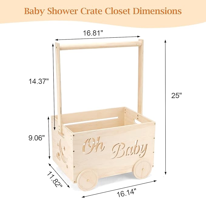 Wooden Baby Shower Crate Closet, Baby Shower Gifts Basket for Newborn Boys Girls, Personalized Babyshower Crate Box with Handle & Wheels, Pregnancy Gifts for New Mom Parents