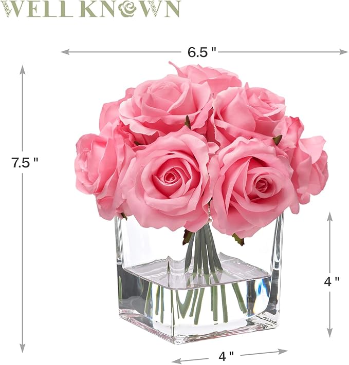 WELL KNOWN Rose Artificial Flowers in Vase with Faux Water, Silk Rose Table Centerpieces for Home Coffee Table Decor, Fake Roses Flower Arrangements for Office Hotel Lavatory Decor (Pink)