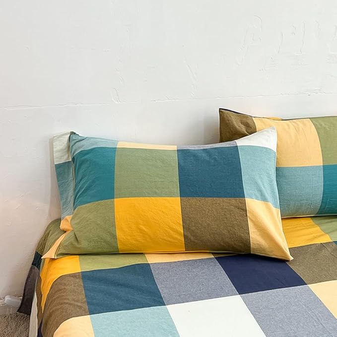 VM VOUGEMARKET Yellow Green Plaid Duvet Cover Set Queen Washed Cotton Bedding Set Multicolor Buffalo Grid Duvet Cover with 2 Pillowcases for Men Women