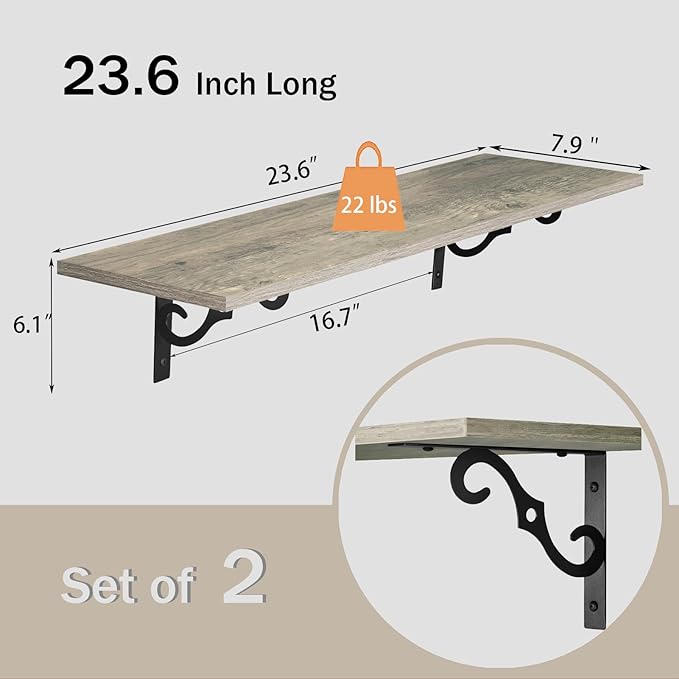 DINZI LVJ Long Wall Shelves, 23.6 Inch Large Floating Shelves Set of 2, Wide Display Shelf Wall Mounted with Brackets, Easy Hanging for Living Room, Toilet, Office, Bedroom, Gray Wash