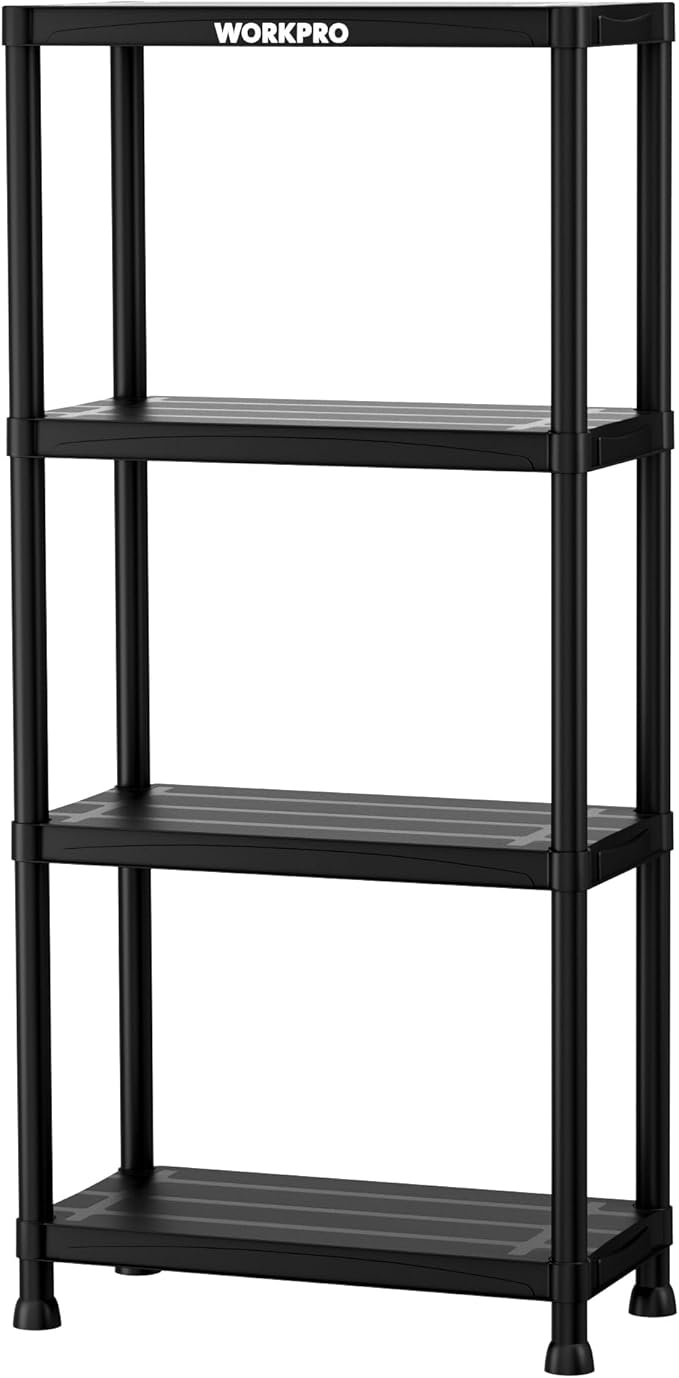 WORKPRO 4-Tier Plastic Storage Shelves, 400lb Capacity Shelving Unit, 51.4" H x 23.9" W x 12" D, Storage Rack for Garage, Home, Pantry, Office, Laundry, Tool-Free Assembly, Black