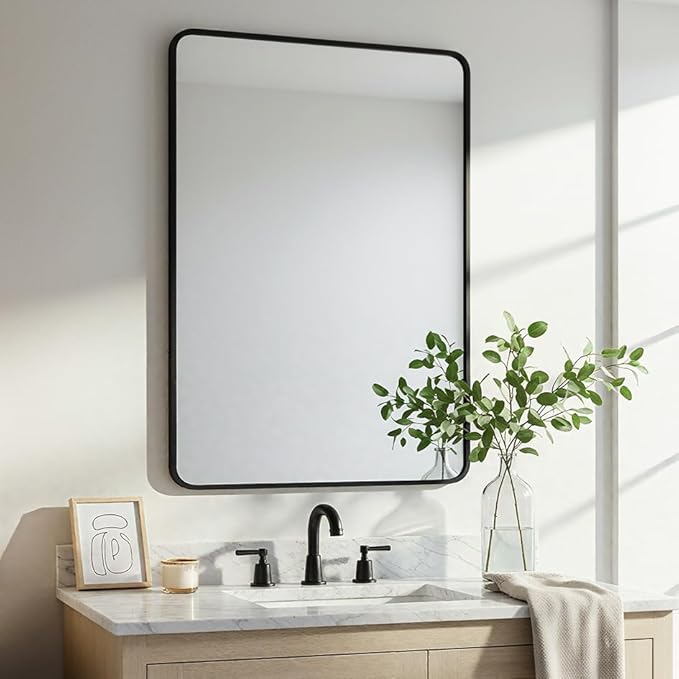 27"x40" Bathroom Wall Mirror with Matte Black Metal Frame & HD Glass, Copper-Free Mirrors Modern Rectangle Round Corner Framed Vanity Mirror - Horizontal or Vertical Installation