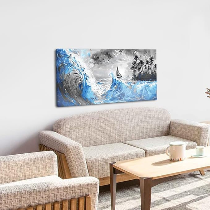 Blue Waves and Sailboat On Black and White Background Wall Art Decor Artwork for Living Room (30x60 Inches)