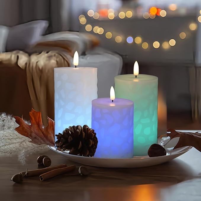 NICEME 3PCS LED Multi Colored Flameless Candles Pillar Battery Operated Flickering 3D Wick Flame Color Changing Candles with Remote Control Carving Real Wax Electric Fake Candles, D3” x H4” 5" 6"