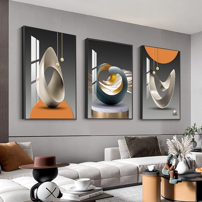 MPLONG Wall Art, Bright Style Framed Wall Art, Abstract Modern Art Shape Pattern White Blue Yellow Grey Wall Art Artfully Matching Living Room Bedroom Office Wall Decor - 16"x 24"x 3 Panels