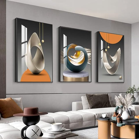 MPLONG Wall Art, Bright Style Framed Wall Art, Abstract Modern Art Shape Pattern White Blue Yellow Grey Wall Art Artfully Matching Living Room Bedroom Office Wall Decor - 20"x 28"x 3 Panels