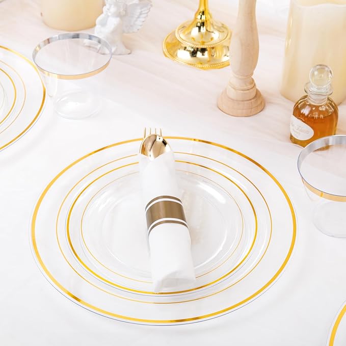 WELLIFE 350PCS Clear-Gold Plastic Plates - 100 Disposable Plates, 150Plastic Silverware, 50 Cups, 50 Napkins for Wedding & Party