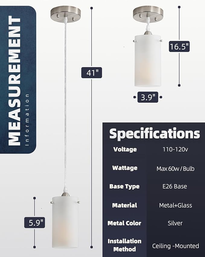1-Light Mini Pendant Light Fixtures, Modern Chandelier Hanging Ceiling Light with White Frosted Shade, Brushed Nickel Pendant Lighting Adjustable Height, 3 Pack