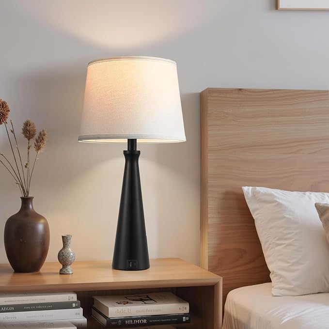 Seealle Single Modern Table Lamp - Touch Bedside Lamp for Nightstand with USB C+A,3-Way Dimmable Black Nightstand Lamp for Living Room Bedroom End Table(Bulb Included)