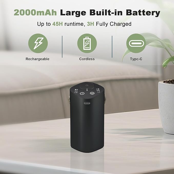 Car Waterless Essential Oil Diffuser with Handle, Timer (1/3/6H & Off), L/M/H Mist, Small Scent Aromatherapy Diffuser, Rechargeable Portable Cordless Air Aroma Diffuser for Home Office Bathroom, Black
