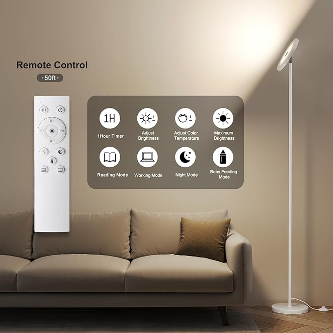 SUNMORY Floor Lamps for Living Room, 32W/3000LM Super Bright LED Floor Lamp with Remote Control, 69" Tall Standing Lamp with Stepless Dimmable, Modern Torchiere Corner Lamp for Bedroom, Office White
