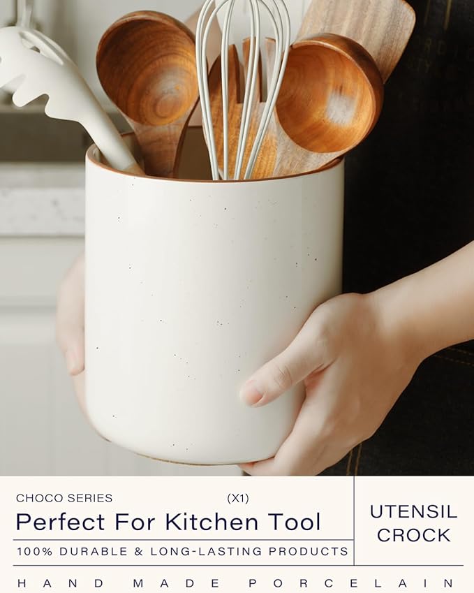 getstar Kitchen Utensil Holder, Large Ceramic Cooking Utensil Holder (H7.2” x W6.2”) for Kitchen Counter with Cork Mat at Bottom, Farmhouse Decor