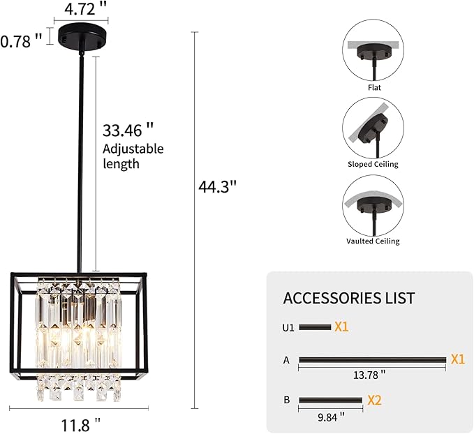Kitchen Island Pendant Lighting,Modern Industrial Crystal Black Pendant Light Fixture,Adjustable Pendant Hanging Light for Dining Room Living Room Foyer Hallway Entry (4 Lights 11.8")