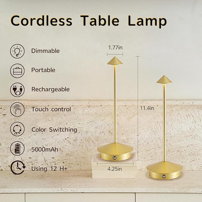 2 Pack Cordless Table Lamp Battery Lamp, Portable LED Desk Lamps,6000mAh Rechargeable Battery Operated Lighting for Bedroom Dining Room Restaurant Patio Shop Camping Night Light (Gold)
