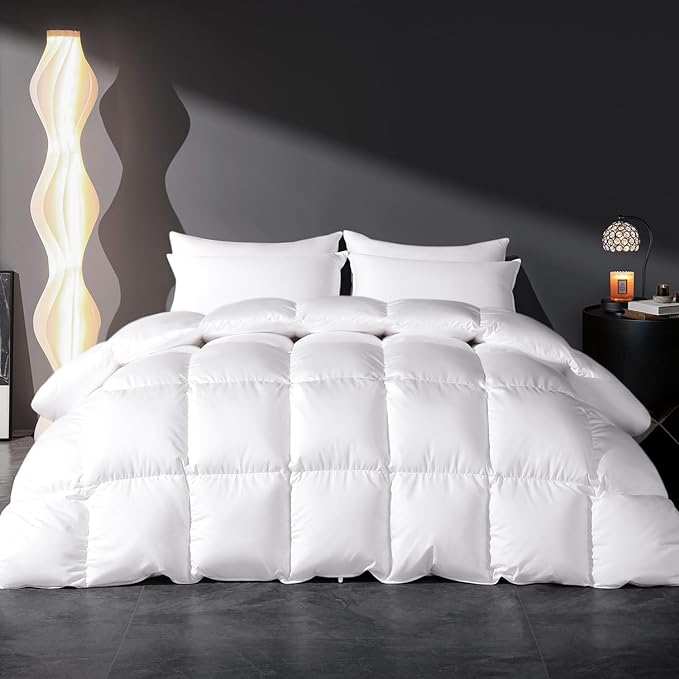 Feather Down Cotton Comforter Queen Size, All Season 100% Cotton Duvet Insert, Hotel Luxury Bedding Comforter Cozy Ultra Soft Medium Warmth Duvet Insert with 8 Corner Tabs White 90 x 90 Inch