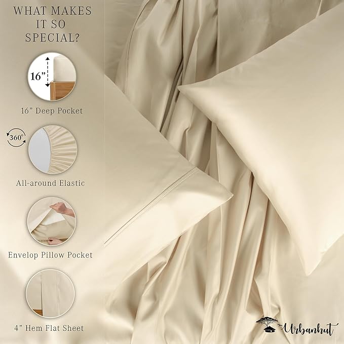 URBANHUT 700 Thread Count California King Sheet Set Egyptian Cotton Sheets, 4Pc Sheet Set Soft Luxury Bed Sheets for Cal King Size Bed, Sateen Weave Hotel Sheets, 16'' Elasticized Deep Pocket - Ivory