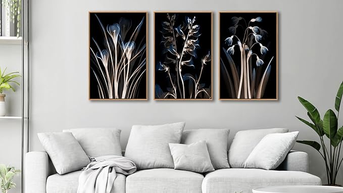 Large Modern Framed Wall Art - Natural Float Framed Blue Brown Flowers Black Canvas Pictures Decor Abstract Botanical Artwork for Living Room Bedroom Kitchen Home Office Decoration 60" X 28" Set of 3