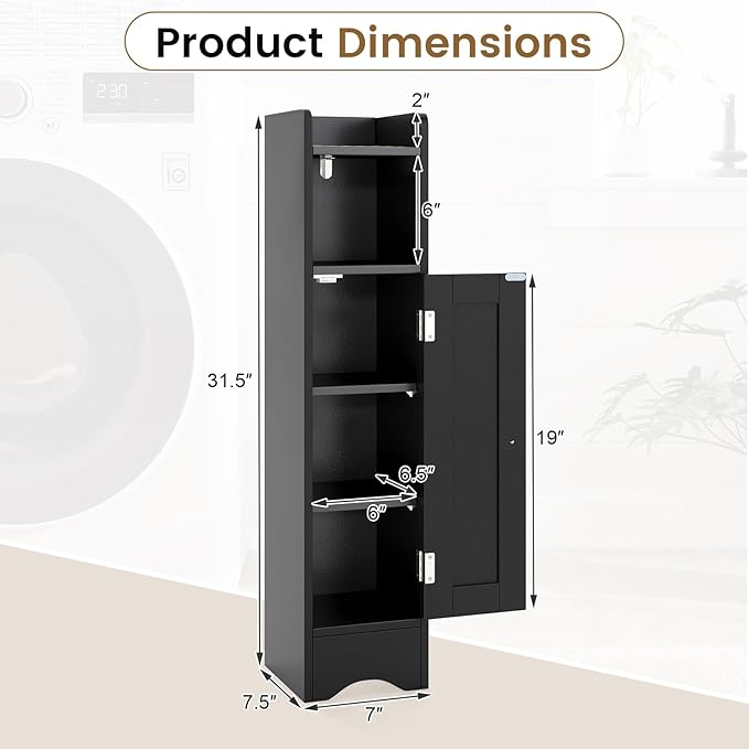 Tangkula Small Bathroom Storage Cabinet with Door, Toilet Paper Holder Stand with Adjustable Shelves & Open Compartment for Small Spaces, Narrow Freestanding Storage, 7 x 7.5 x 31.5 Inches (Black)