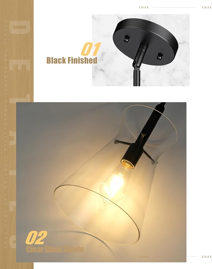 Emak Black Pendant Lights Kitchen Island, Modern 9 Inch Large Clear Glass Pendant Light, Farmhouse Hanging Lights for Kitchen, Dining Room, PL130-BK-CG