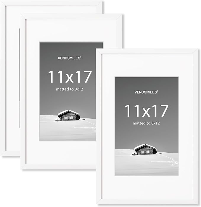 11x17 inch Picture Frame, 11x17 Photo Frames with 8x12 Removable Mat - High Definition Plexiglass - Vertical and Horizontal Display - Wall Hanging Frame - White, 3 Pack