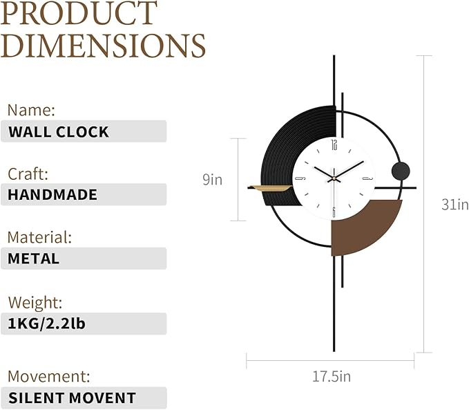 Modern Wall Clock for Living Room,Large Decorative Wall Clock,Digital Creative Silent Clock Battery Operated for Kitchen/Entryway/Bedroom/Office/Dinning Room Metal Wall Decor 18"X31"
