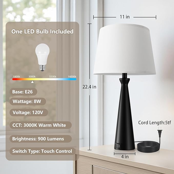 Seealle Single Modern Table Lamp - Touch Bedside Lamp for Nightstand with USB C+A,3-Way Dimmable Black Nightstand Lamp for Living Room Bedroom End Table(Bulb Included)