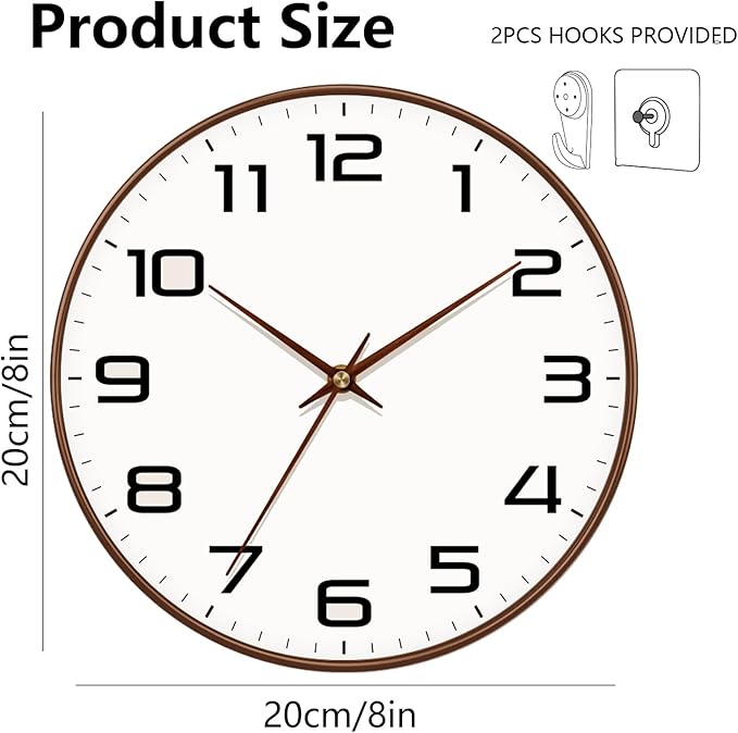 Woodgrain Wall Clock–Silent Non-Ticking Wall Clocks Battery Operated 8 Inch, Large Easy-to-Read Numbers Modern Modern Analog Clock for Bedroom Living Room Kitchen Office Gym (Brown)