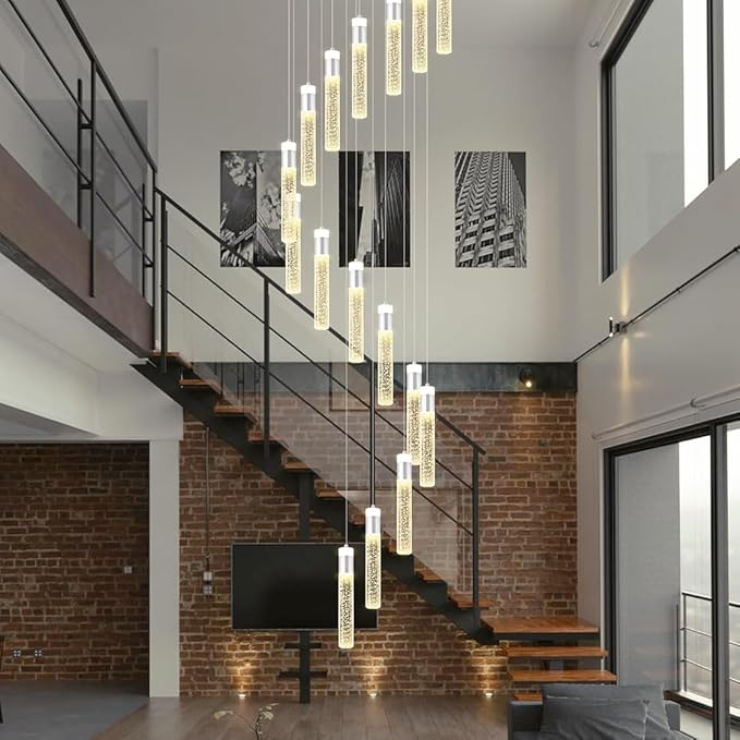 16-Light Silver Modern Crystal Raindrop Chandelier for Foyer Stair Well Entrance 118" Long Crystal Bubble Column Chandelier for High Ceiling Dimmable Lighting Fixtures
