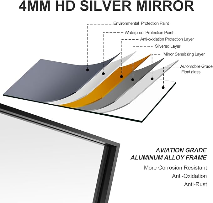 20x36 Inch Black Bathroom Mirror, Copper-Free Mirror, Aluminum Alloy Frame Vanity Mirror, Rectangle Wall Mounted Mirror, Modern Mirror for Bedroom/Living Room/Porch Horizontal or Vertical