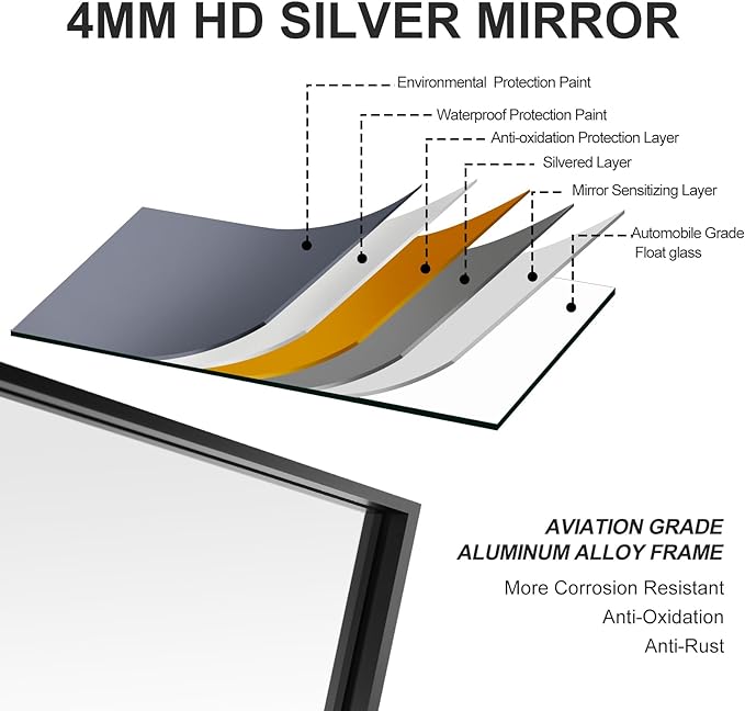 24x36 Inch Black Bathroom Mirror, Copper-Free Mirror, Aluminum Alloy Frame Vanity Mirror, Rectangle Wall Mounted Mirror, Modern Mirror for Bedroom/Living Room/Porch Horizontal or Vertical