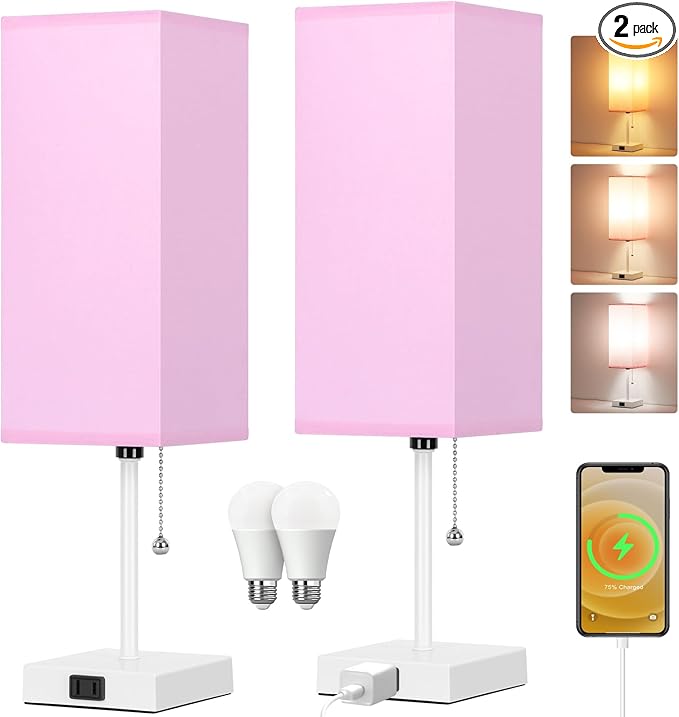 Table Lamp for Bedroom set of 2,3-Color Bedside Lamps with Pull Chain Table Lamps for Nightstand with AC Outlets,18'' Night Light Lamps with 2 Bulbs Lamps for Living Room Kids Office Decor（White-pink）