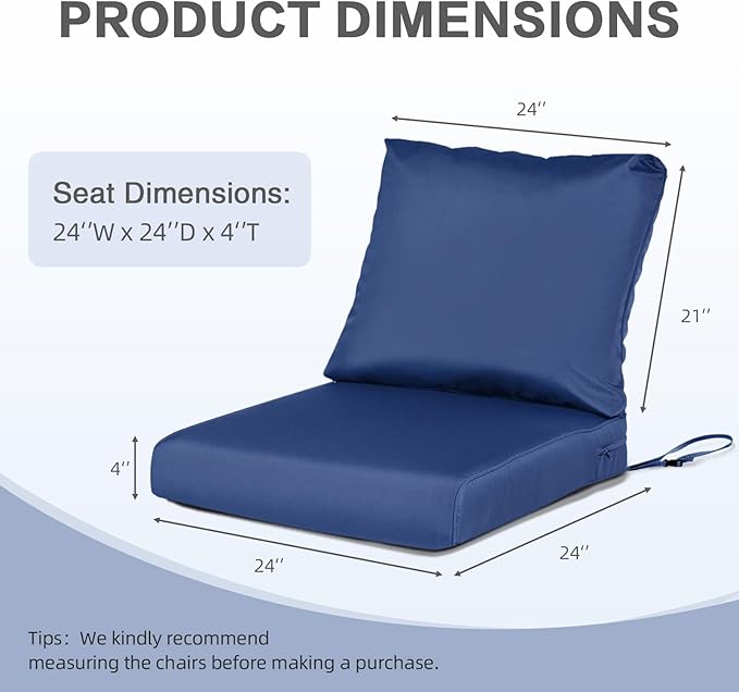 BPS 24x24 Inch Deep Seat Outdoor Cushions Set of 2, Navy Blue Fade-Resistant and Water-Resistant Patio Chair Cushions for Wicker Chairs, Sofas, Love Seats