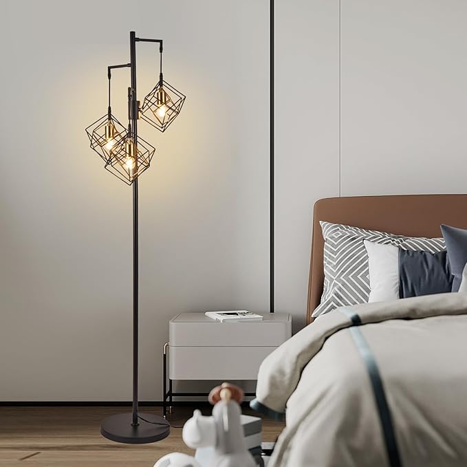 Dimmable Farmhouse Floor Lamp for Living Room, 3 Light Rustic Standing Tall Lamp, Modern Bright Floor Lamp, Industrial Standing Lamp for Bedroom, Tall Pole Lamps Office, 3 LED Bulbs Included.