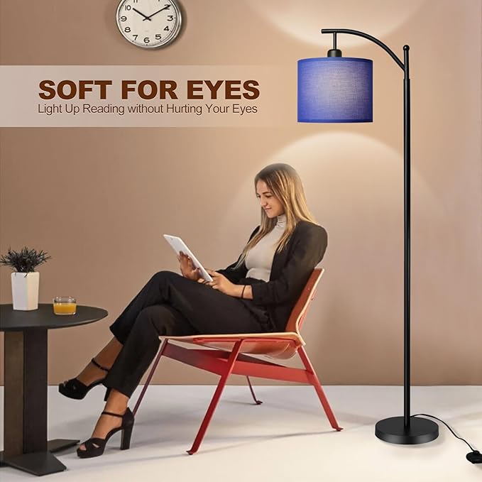 DLLT Arc Floor Lamp with 3 Color Temperatures, Standing Lamp with Linen Shade, Modern Tall Lamp for Living Room, Reading Floor Lights for Bedroom, 8W LED Bulb Included, Black with Blue Lampshade