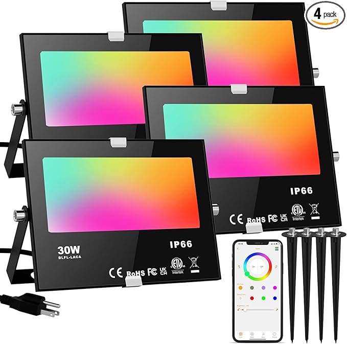 LED Flood Lights RGB Color Changing 300W Equivalent Outdoor, 30W Bluetooth Smart RGB Floodlight APP Control, 2700K&16 Million Colors for Garden Stage Lighting 4 Pack with Metal Ground Spikes Stakes