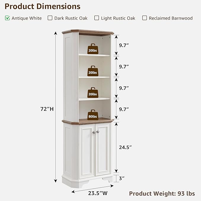 OKD 6-Tier Bookcase with Doors, 72" Tall Farmhouse Bookshelf with Storage & Adjustable Shelves, Wooden Floor Standing Display Book Shelf Organizer for Home Office,Antique White