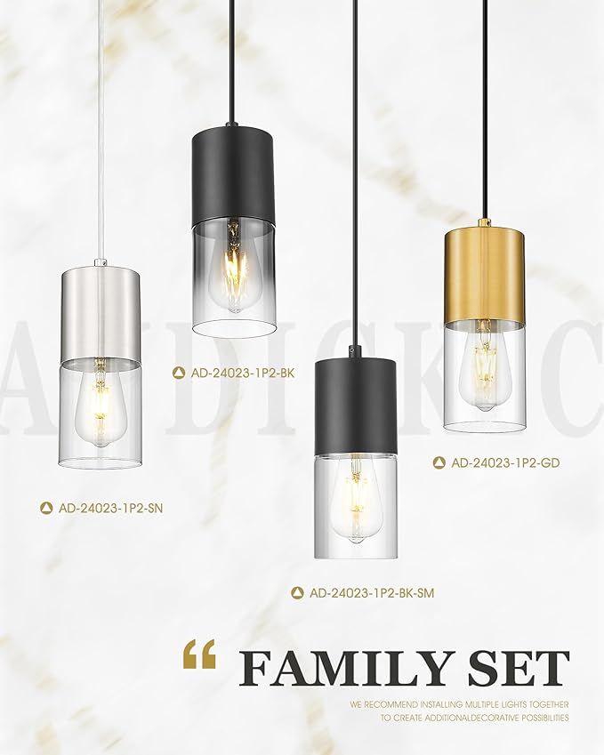 2-Pack Pendant Lights Kitchen Island, Matte Black Hanging Lights Fixtures with Cylinder Clear Glass, Modern Kitchen Pendant Lighting Over Island for Dining Room, AD-24023-1P2-BK