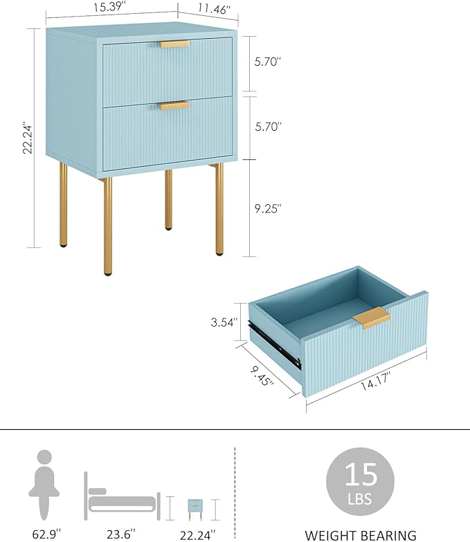 Nightstand,Morden Bedside Table with Gold Frame,Small White Night Stand,End Table,Bedside Furniture,Side Table with Drawer and Shelf for Bedroom,Living Room (2Drawers, Blue)