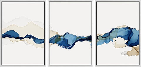 SIGNWIN 3 Piece Framed Canvas Wall Art Blue and Brown Watercolor Nature Wilderness Illustrations Abstract Traditional Relax/Calm Home Artwork Decoration for Living Room,Bedroom - 24"x36"x3 White