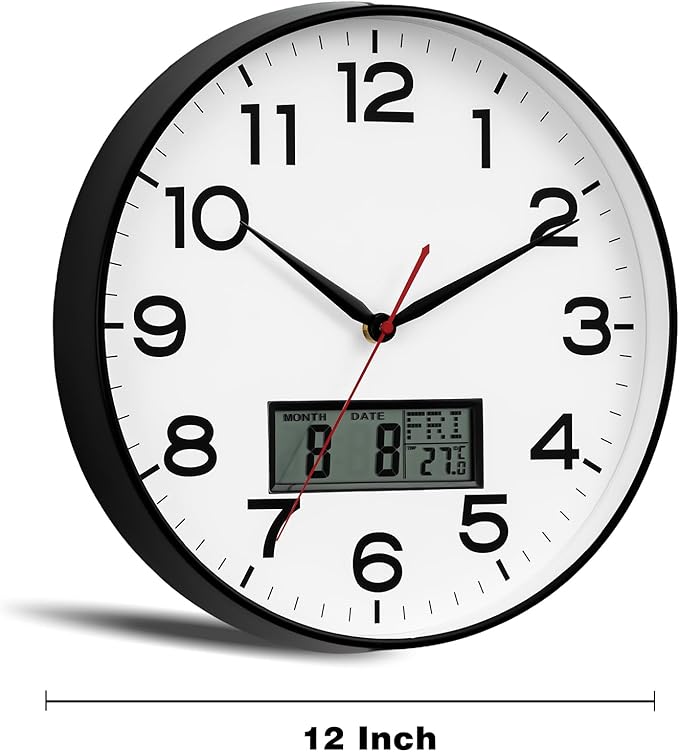 AKCISOT Wall Clock 12 Inch, Non-Ticking Silent Battery Operated Analog with LCD Display for Perpetual Calendar and Temperature, Ideal Modern Decor for Home, Bedroom, Kitchen, Office (Black)