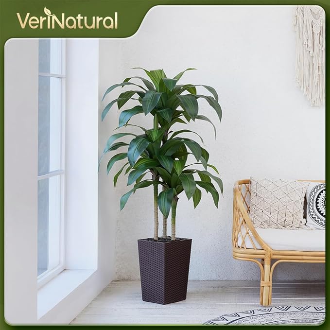 5FT Artificial Dracaena Tree - UV Resistant Faux Tropical Plant, Potted Fake Tree with Taper Planter & Pebbles - Indoor Outdoor Greenery for Home, Porch, Living Room, Bedroom Decor, VN127