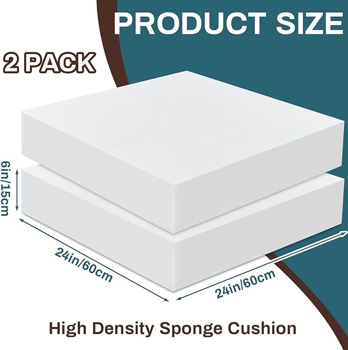 Frienda 2 Pack 6" x 24" x 24" Upholstery High Density Foam Cushion Replacement Square Cut to Size Foam Couch for Chair Couches Padding Shipping Packing DIY Cosplay Projects