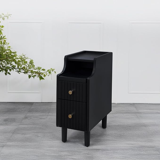 Narrow Nightstand with 2 Drawers, Fully Assembled Slim Bedside Table, Pre-Assembled Slim Nightstand for Small Spaces, Living Room, Bedroom, Black